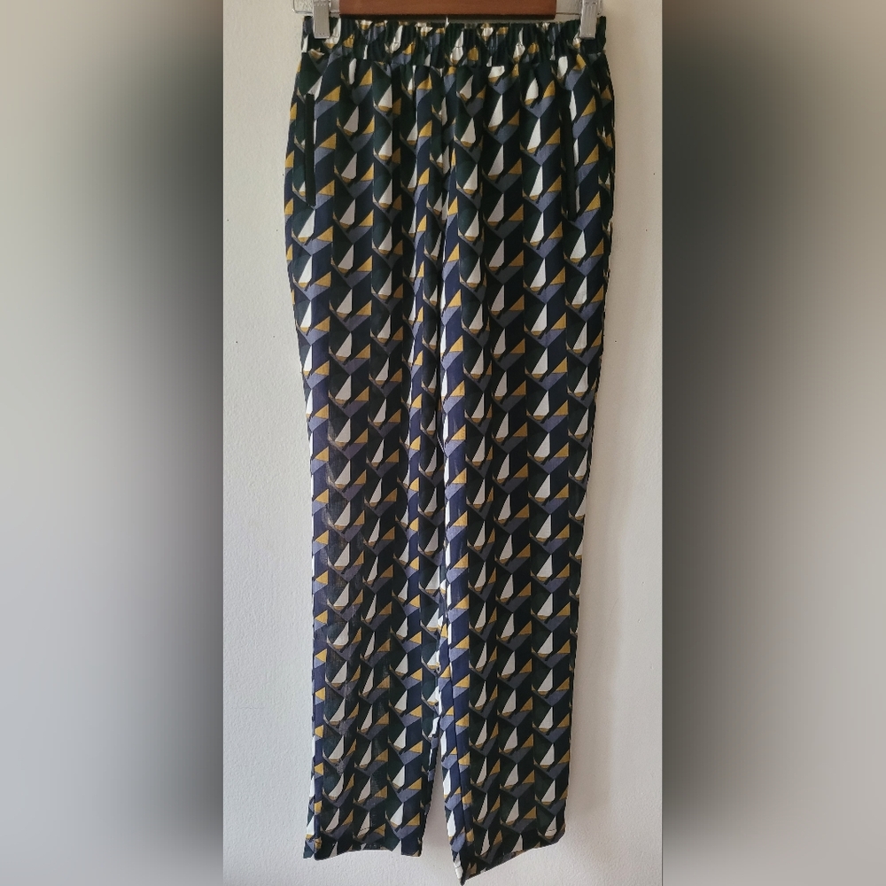 FRNCH Navy Trouser Pants Small Geometric Artsy Sheer High Waist PullOn Slim Fit